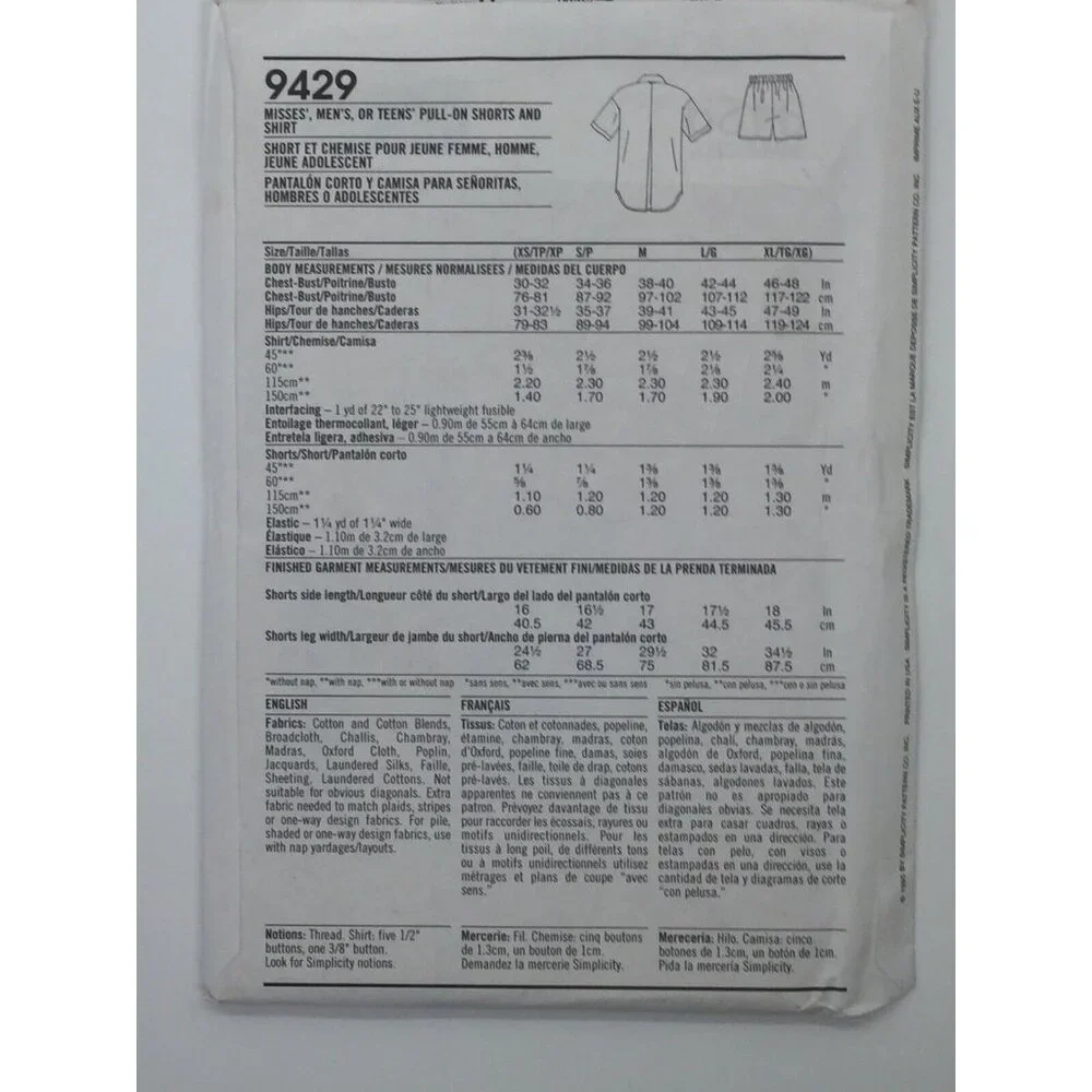 Simplicity Sewing Pattern 9429 Unisex Women Shorts and Shirt XS S M L XL Uncut - Picture 4 of 4